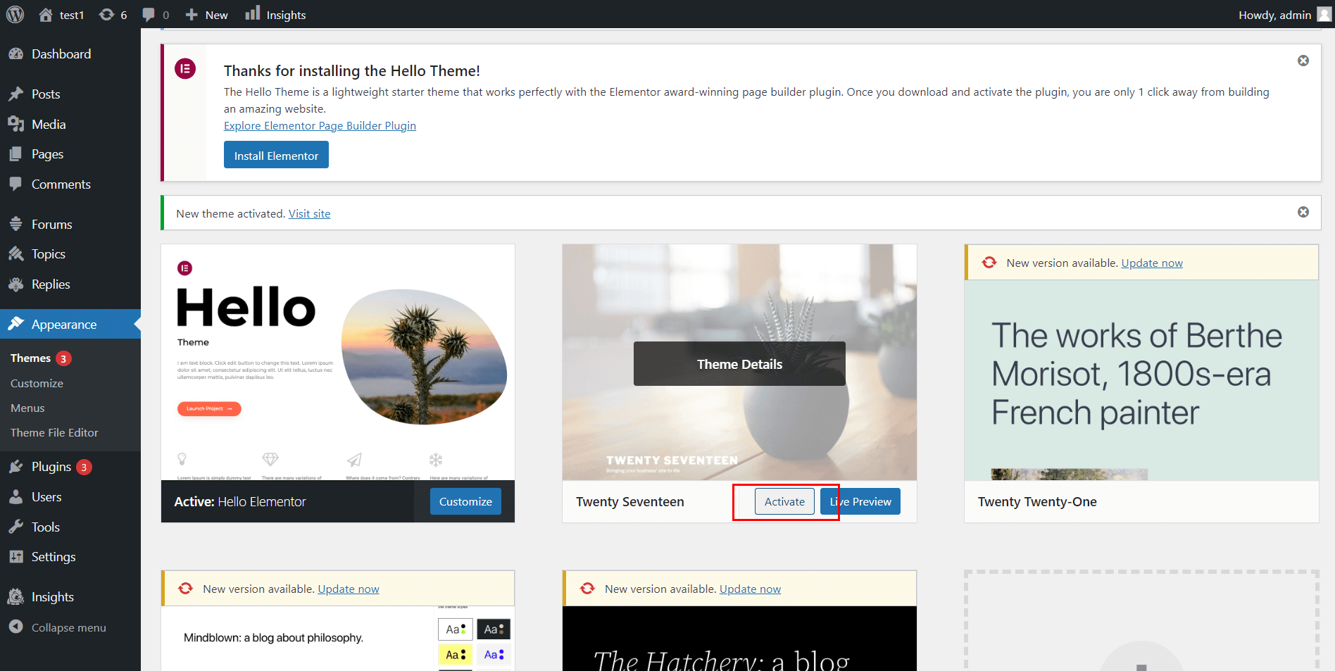 wordpress activate theme